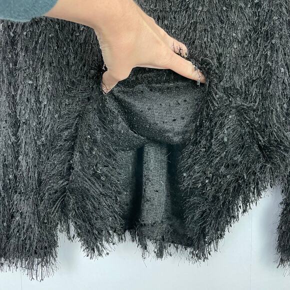 Very J | Solid Black Eyelash Fringe Bell Sleeve Fuzzy Pullover Sweater - Picture 4 of 7